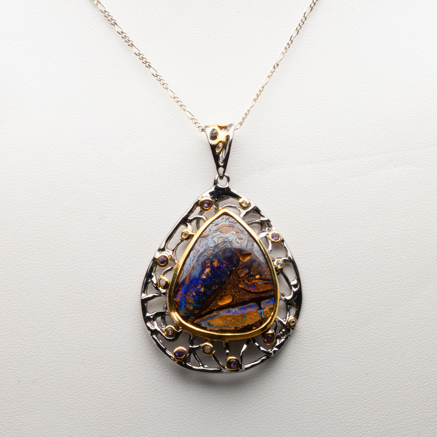 Boulder Opal, White Sapphire, and Amethyst Pendant