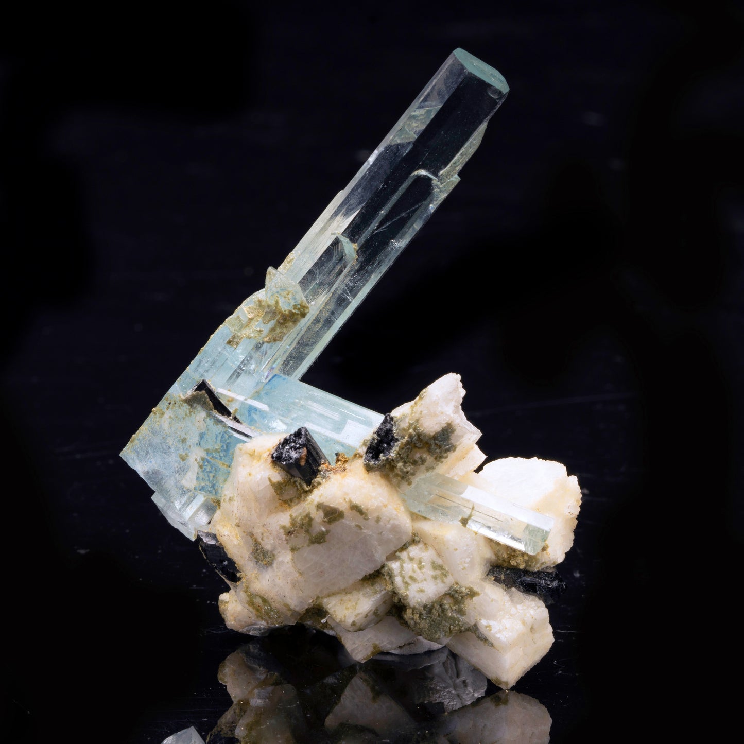 Aquamarine With Schorl and Pyrite on Microcline // 66.3 Grams