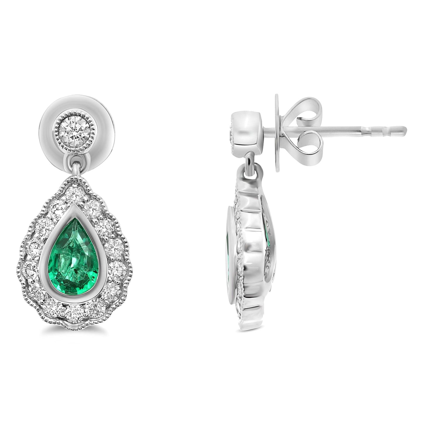 Pear-shaped Emerald Milgrain Halo Earrings