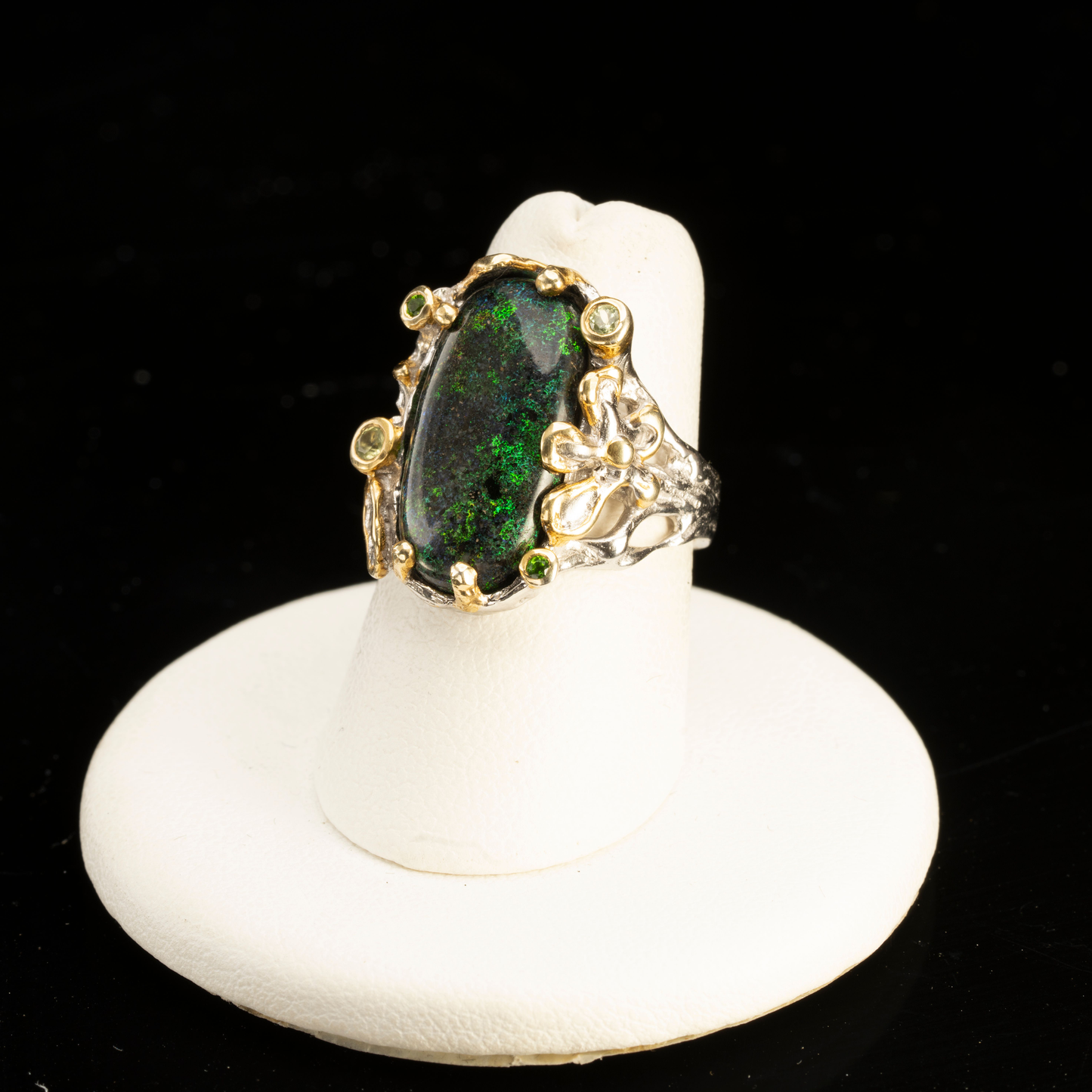 Andamooka Matrix Opal, Green Chrome Diopside, and Peridot Ring