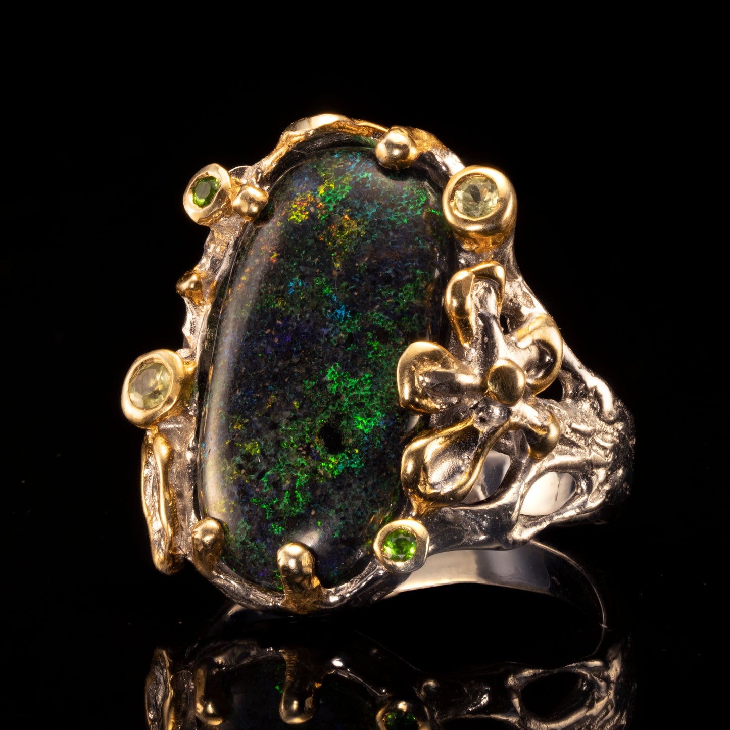 Andamooka Matrix Opal, Green Chrome Diopside, and Peridot Ring