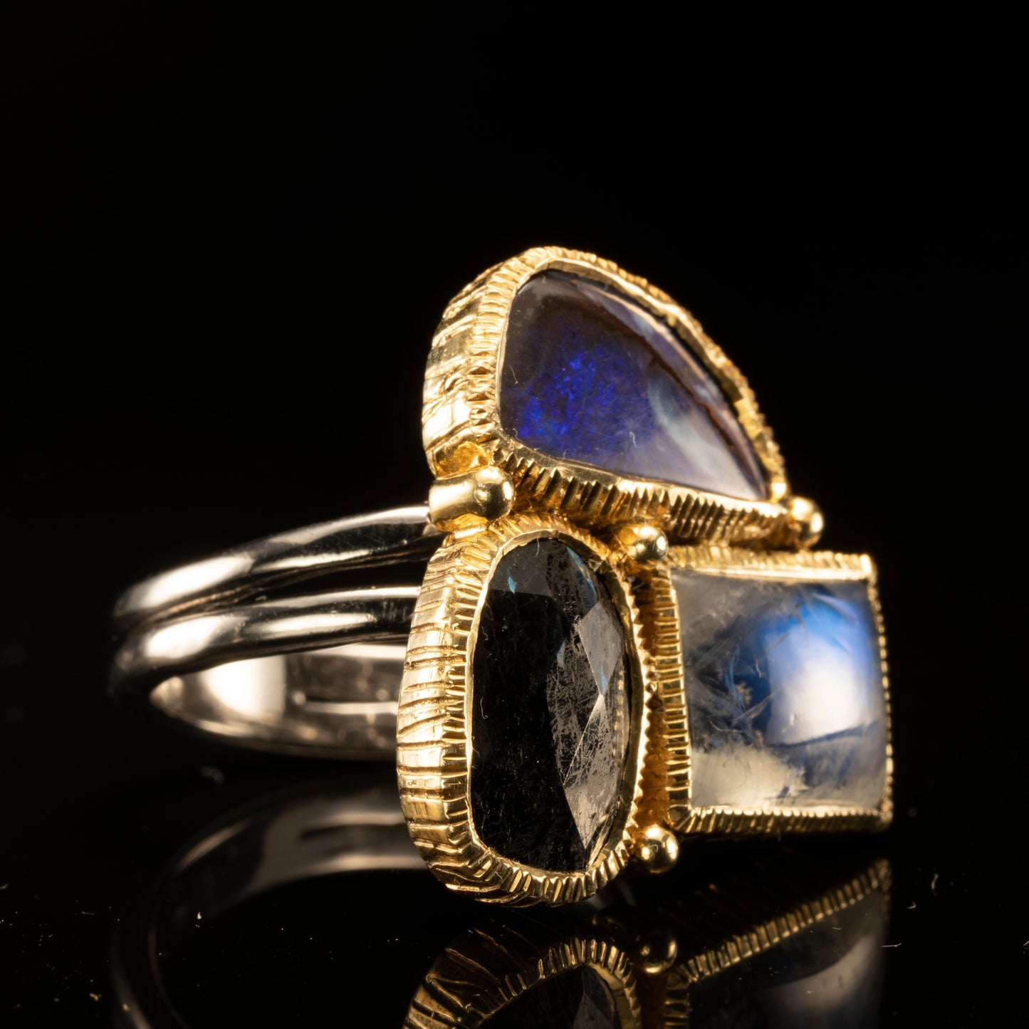 Spectrolite, Nuummite, and Boulder Opal Ring